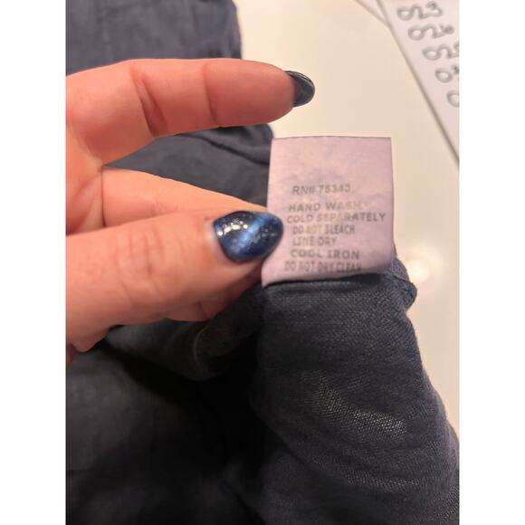 Lina Tomei Navy Blue Linen Short Sleeve Embellished Shift Dress Pockets - Picture 6 of 9